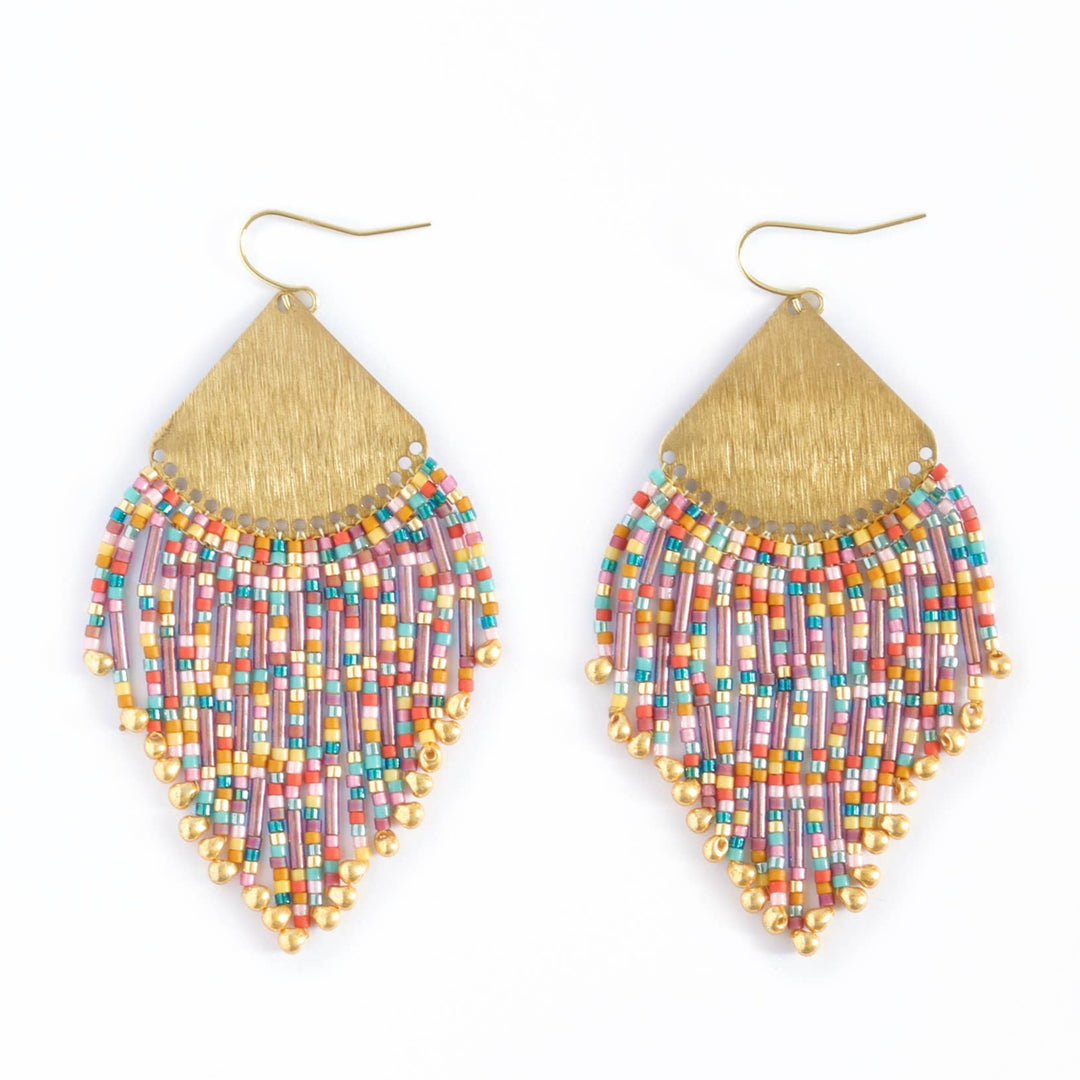 Multicolored beaded earrings with gold fringe on a white background