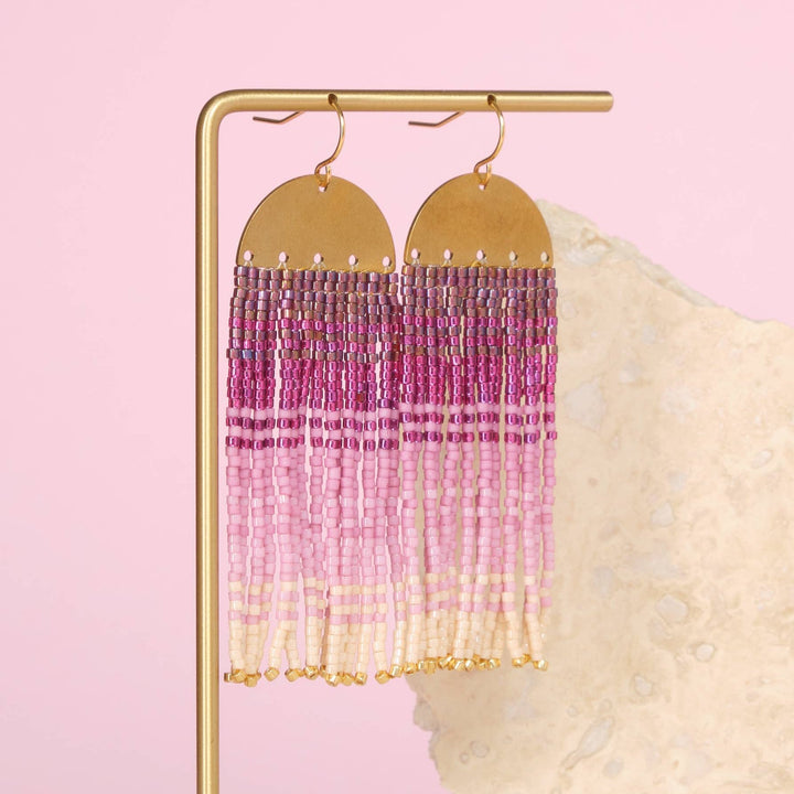 Beaded Handwoven Ombre Fringe Earrings (Pink)