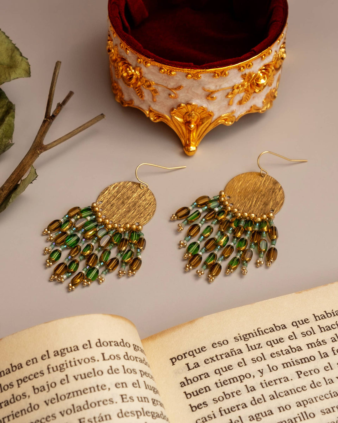 Beaded Handwoven Chandelier Earrings (Olive)
