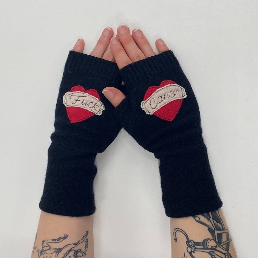 Fingerless Cashmere Gloves-Tattoo Heart Fuck Cancer