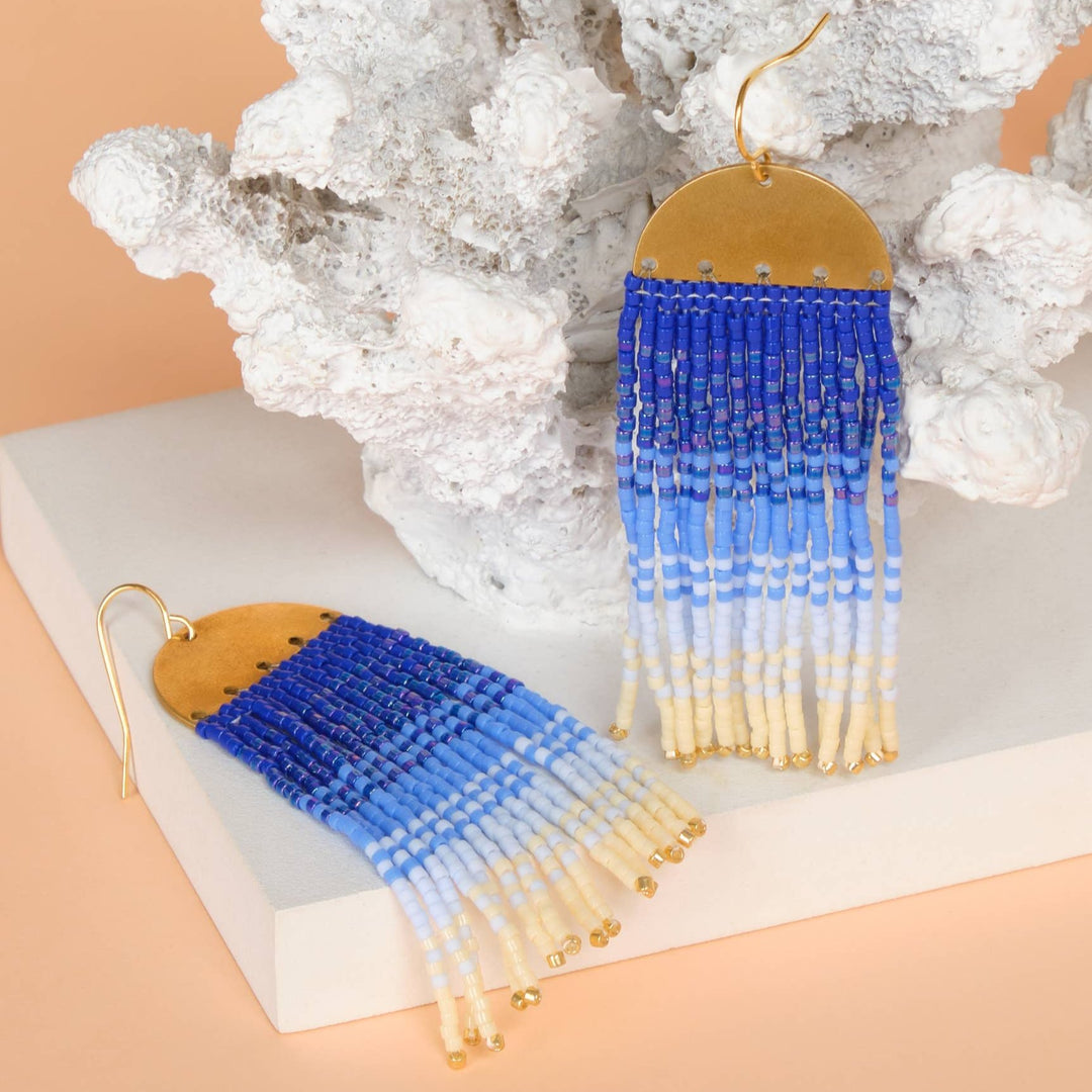 Beaded Handwoven Ombre Fringe Earrings (Blue)