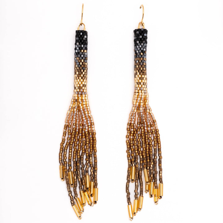 Beaded Handwoven Ombre Tassel Earrings (Black)