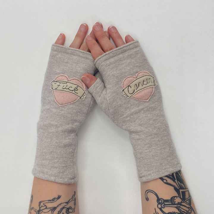 Fingerless Cashmere Gloves-Tattoo Heart Fuck Cancer