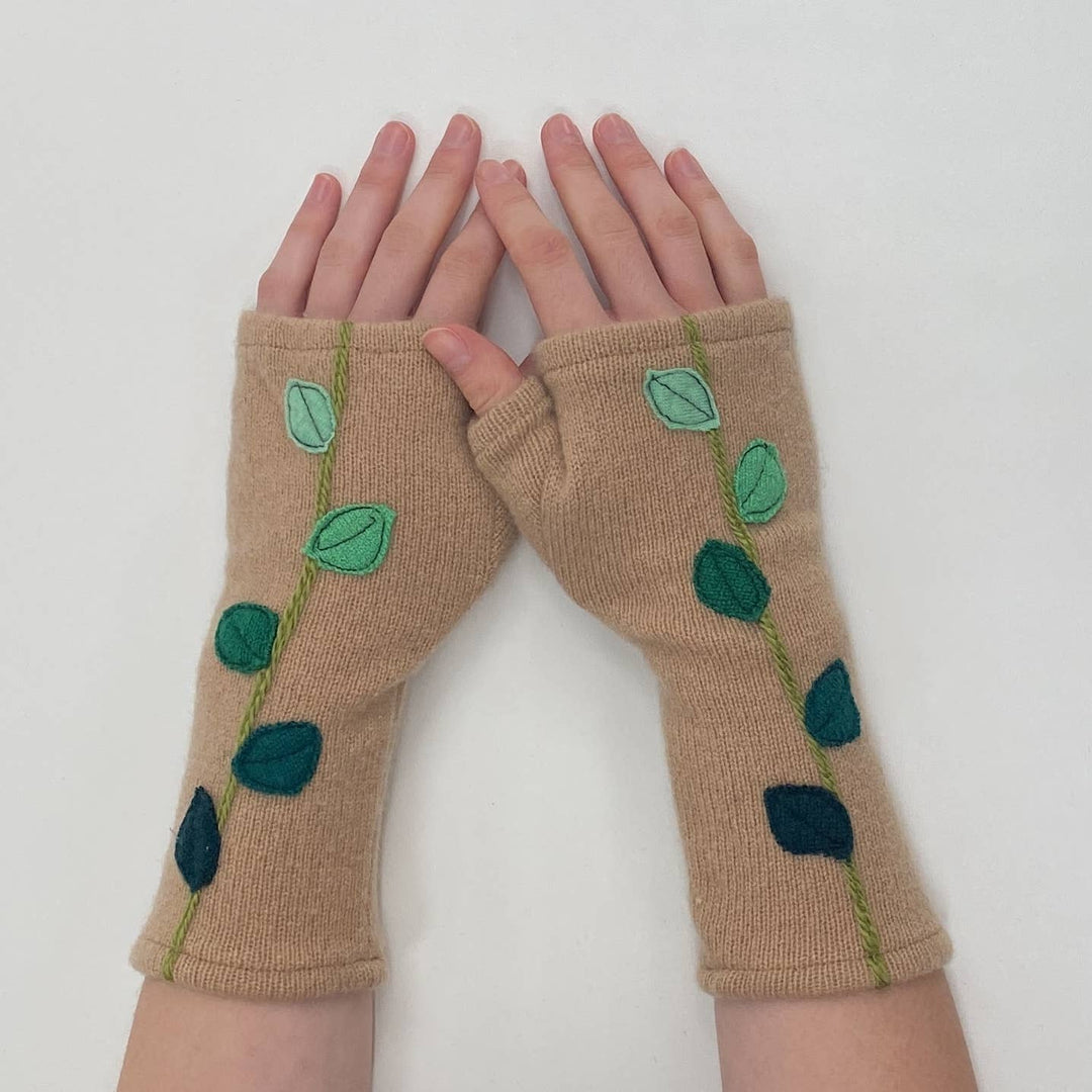 Fingerless Cashmere Gloves-Leaves