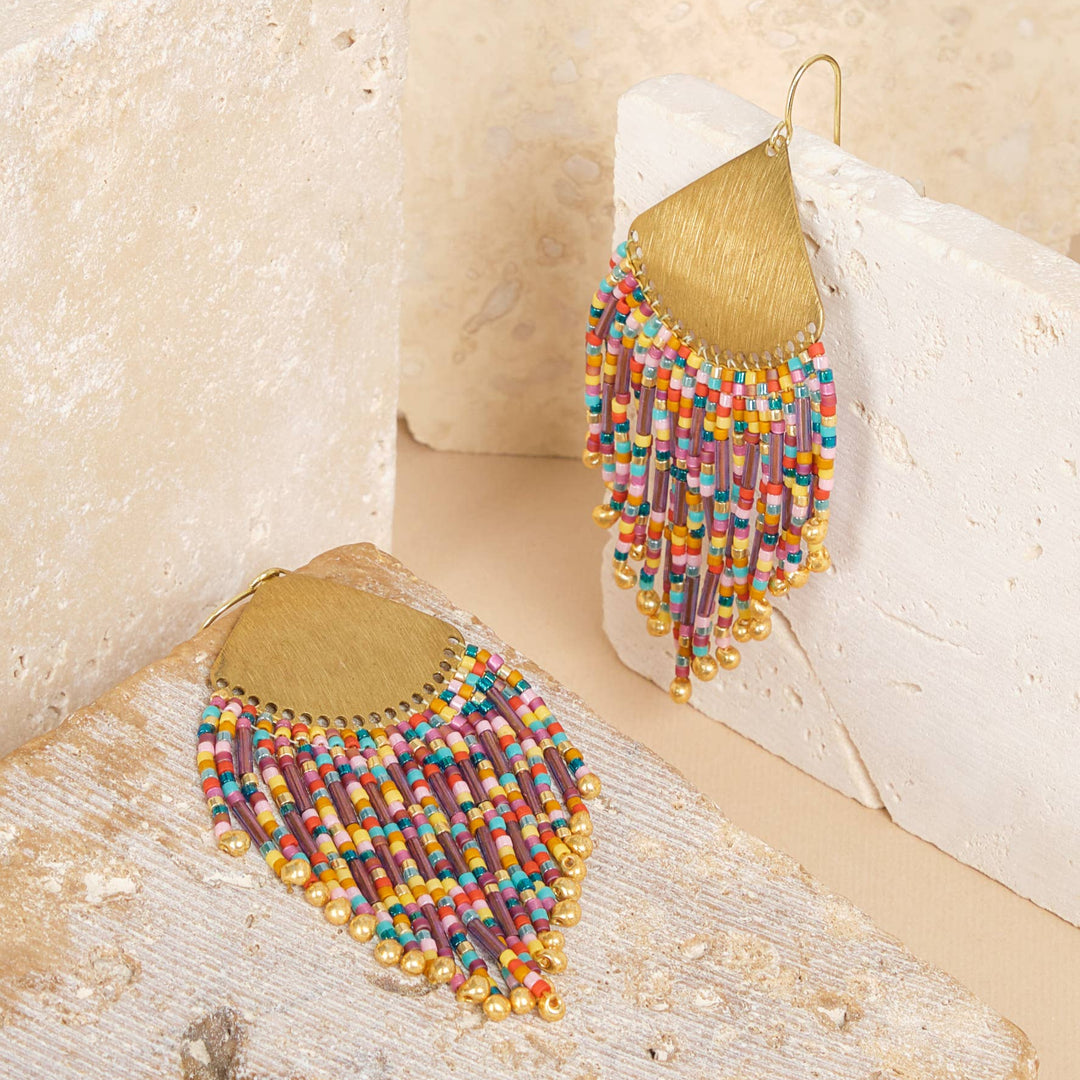 Beaded Handwoven Confetti Fringe Earrings (Purple/Rust)