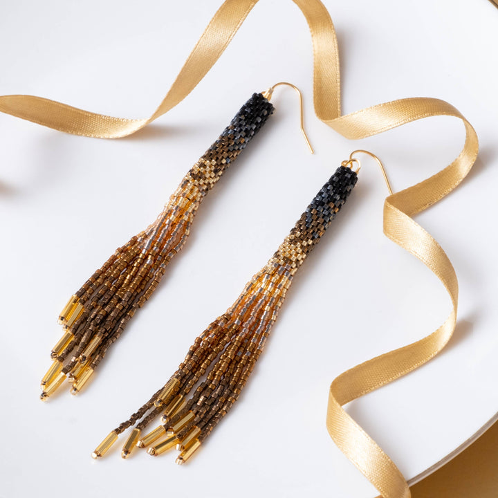 Beaded Handwoven Ombre Tassel Earrings (Black)