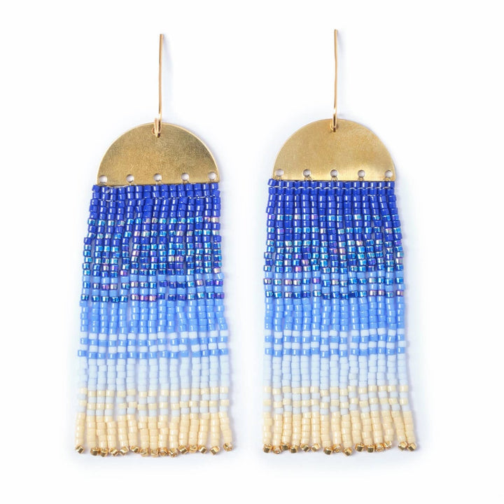 Beaded Handwoven Ombre Fringe Earrings (Blue)