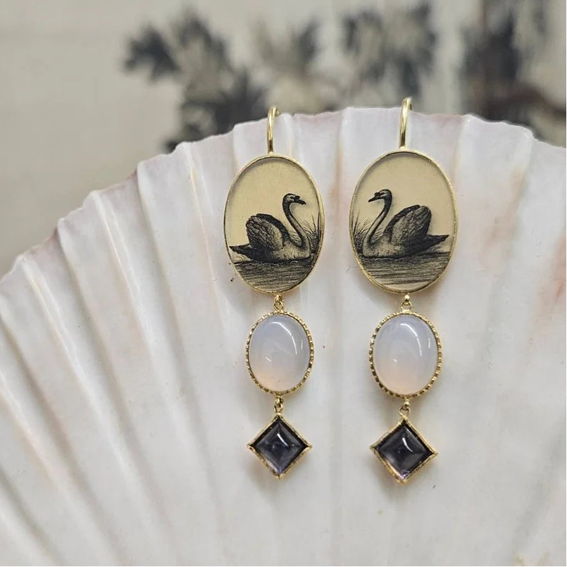 Swan Earhangers with Chalcedony & Iolite