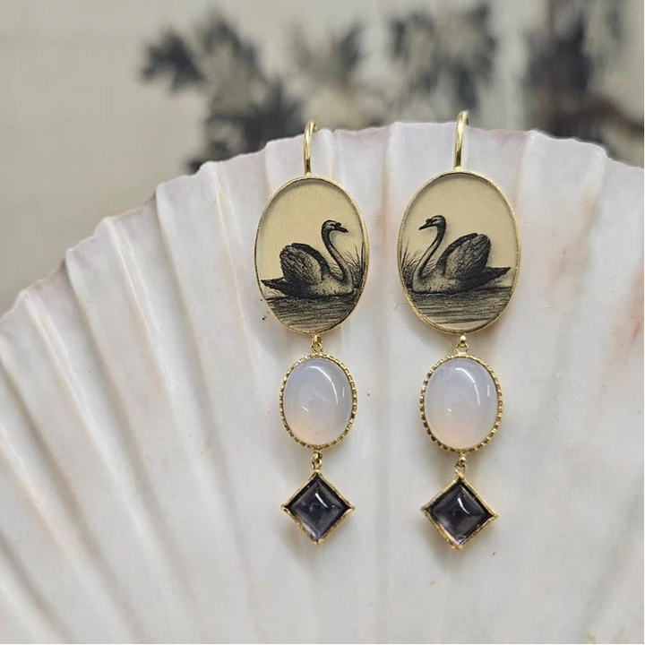 Swan Earhangers with Chalcedony & Iolite