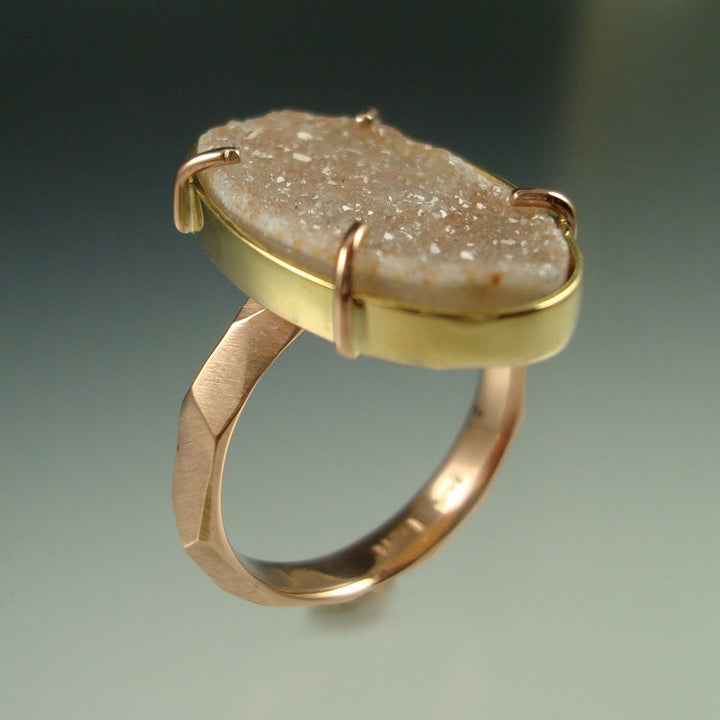 Angled view of top of Peach Druzy Chiseled Ring.