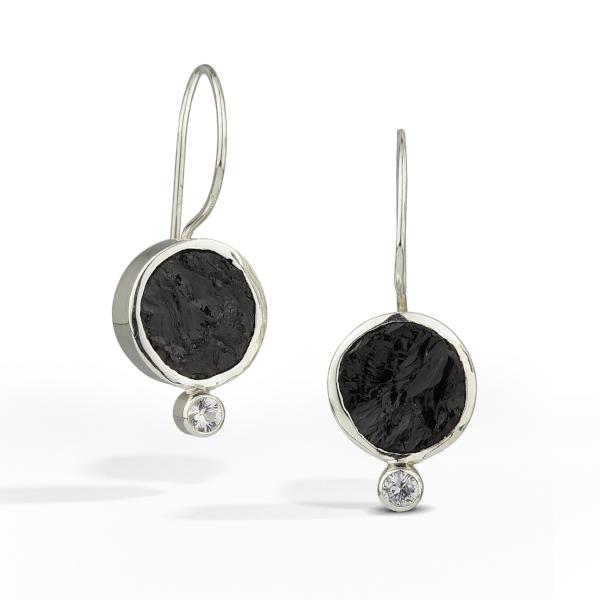 French wire earrings with round raw surface black tourmaline gemstone is accented with a small white sapphire.