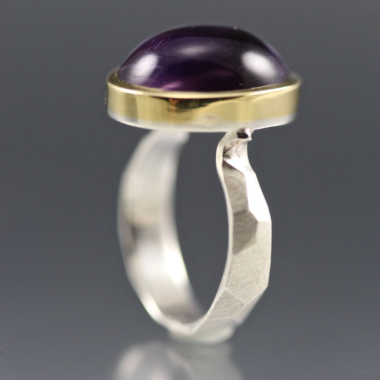 Side view of amethyst chiseled ring.