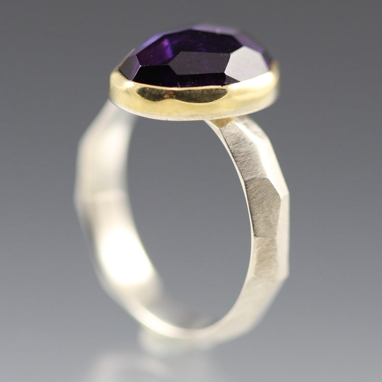 Side view of openeing of ring on Rose Cut Amethyst Chiseled Ring.