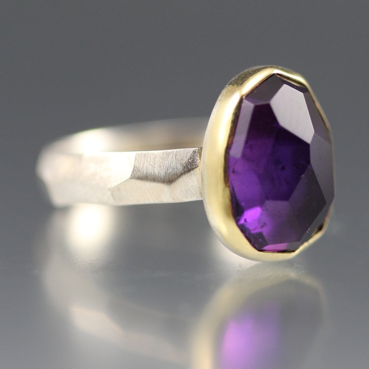 Side angled view of Rose Cut Amethyst Chiseled Ring.