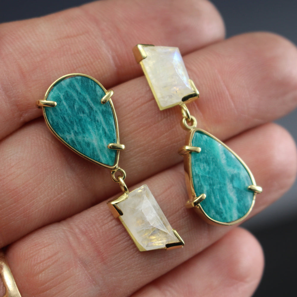Full view of Amazonite and Moonstone Asymmetrical Earring on fingers to give sense of size of piece.