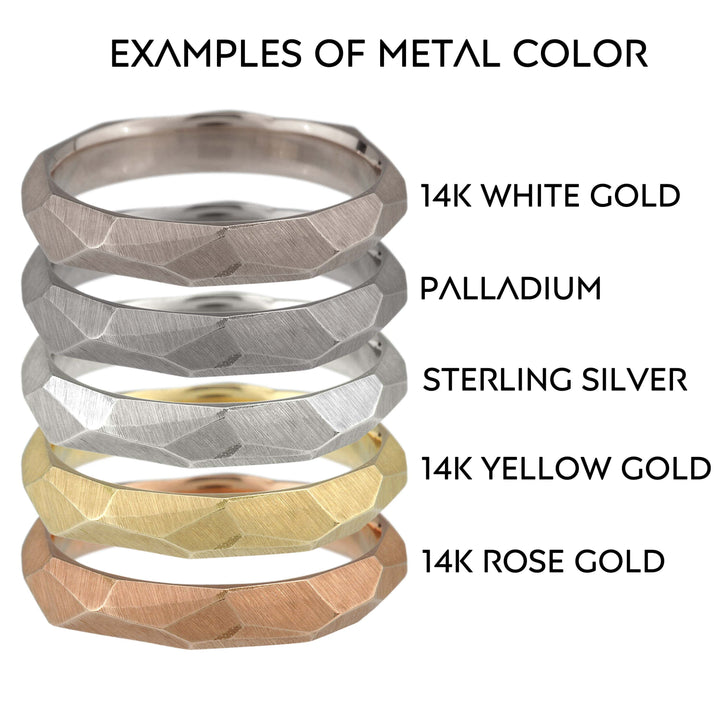 Full image of five different colored metals in Men's facet Ring all stacked on top of each other.
