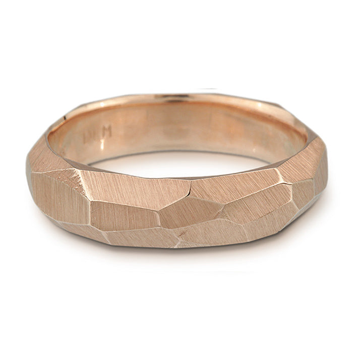 Full image of rose gold Men's Facet Ring. The texture of this ring is that of a facet.