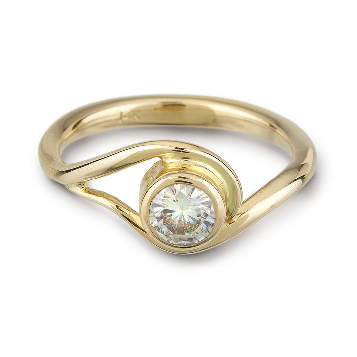 Yellow Gold and Moissanite Engagement ring inspired by vines and waves