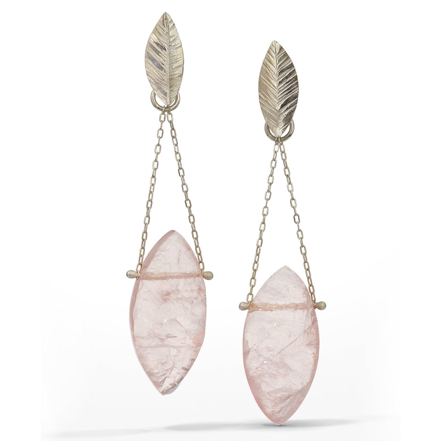 Chandelier Earring with marquise-shaped raw surface rose quartz stones freely hanging from delicate chain and small sterling silver leaves.