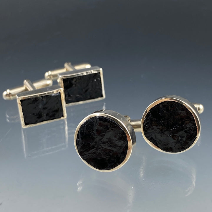 Full view of Round and Rectangular Black Tourmaline Cufflinks places next to one another.