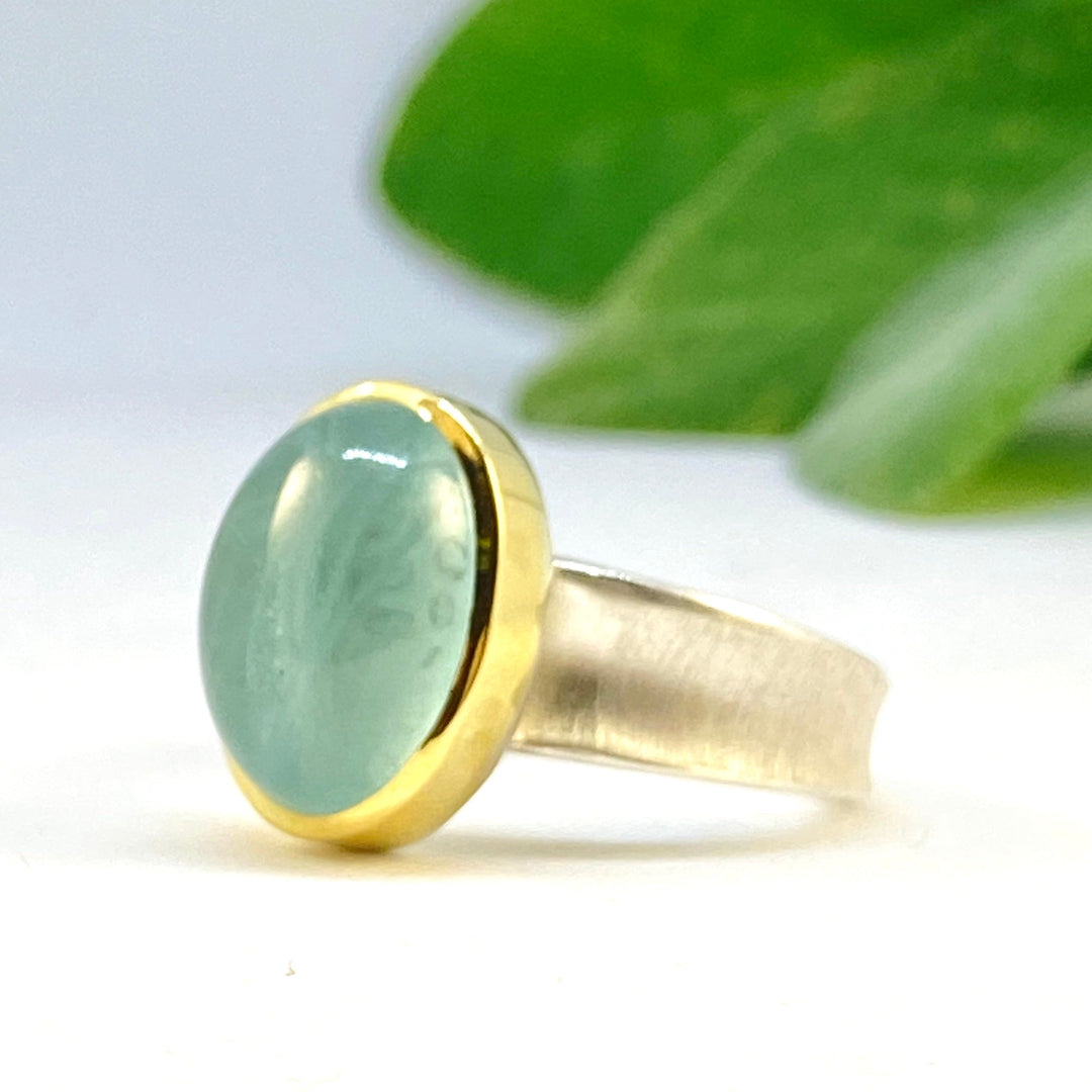 Angled view of Aquamarine Valley Ring.