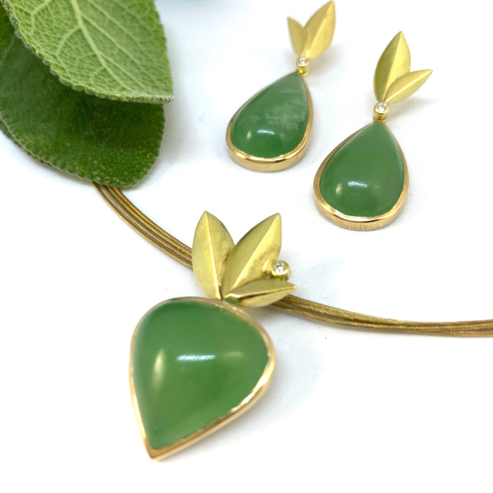 Full view of Chrysoprase - Convertible Bloom Earrings with their matching necklace.