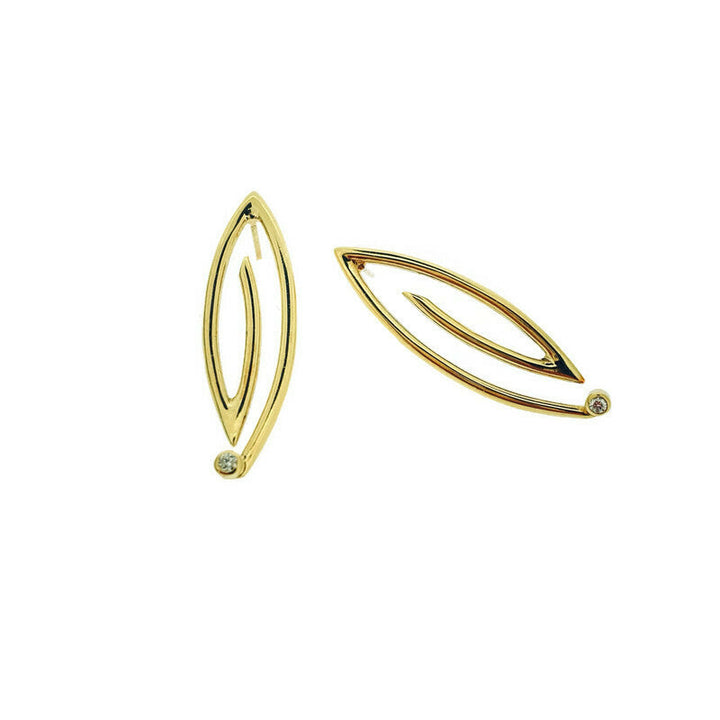 Full image if Golden Marquise Spiral Earrings with white background. These earrings are made of gold and have a set diamond at their ends. Full image of Golden Marquise Spiral Earrings. These earrings are in the shape of a marquise with the spiral continuing inside and a set diamond and the bottom tip of the marquise.
