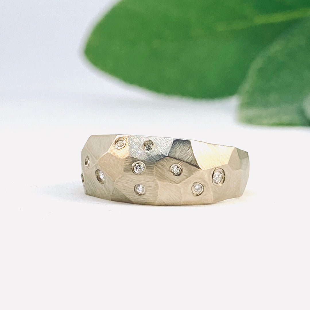 Full view of faceted Dome Ring with Diamonds.