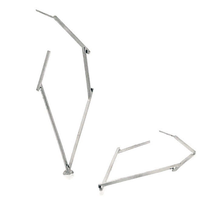 Full view of Long Sticks Hoop Earrings. Hoop earrings made of square silver wire that when put together resemble sticks.