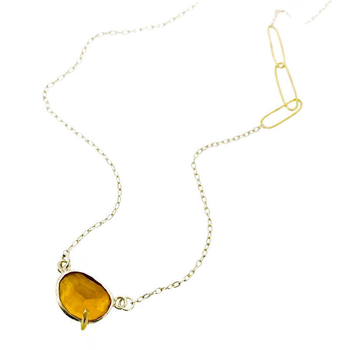 Full view of Pebble - Citrine Rose Cut Necklace. A golden yellow citrine rose set in sterling silver with 18k prong accent. This decorative prong has Danielle's signature faceted texture which mimics the rose cut facets on the gemstone. 