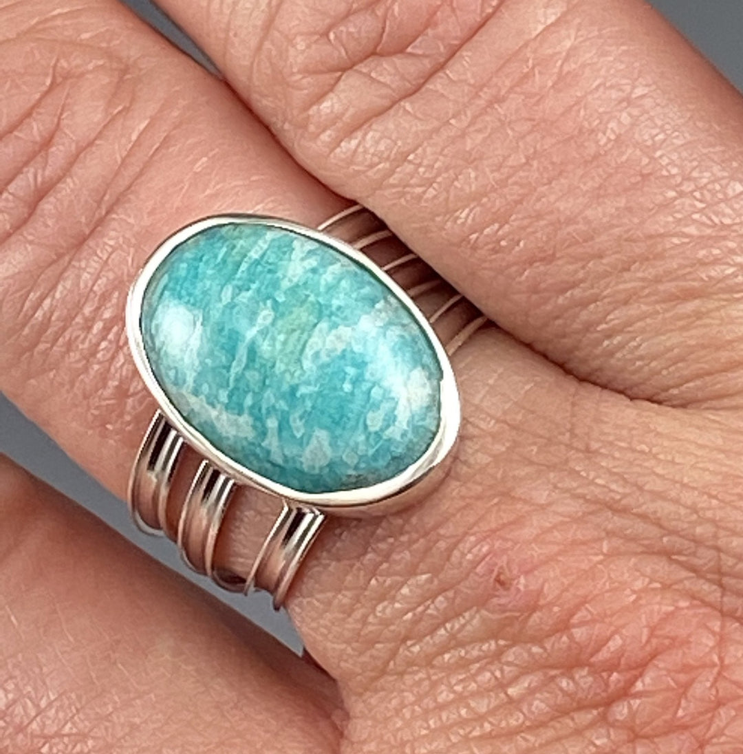 Full view of Amazonite Wrap Ring on finger to give idea of scale of piece.